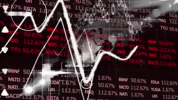 黒の背景に白い線と統計と赤の株式市場の金融データ処理のアニメーション グローバル金融ビジネスの概念デジタル的に生成されたイメージ — ストック動画