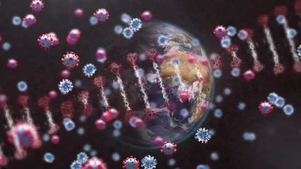 Animatie Van Dna Strengen Draaiend Planeet Aarde Draaiend Covid Coronavirus — Stockvideo