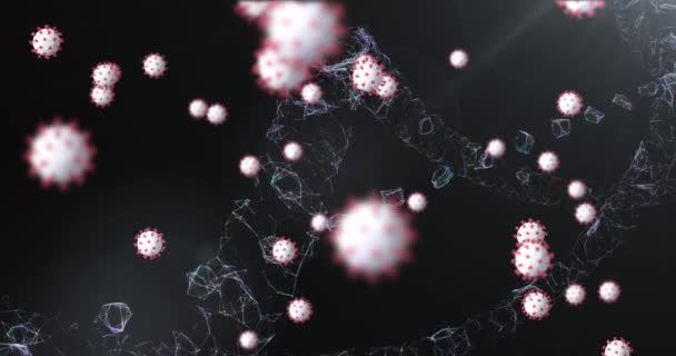 Siyah Zemin Üzerinde Yüzen Covid Koronavirüs Hücreleriyle Dönen Dna Iplikçiklerinin — Stok video