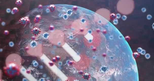 Animatie Van Dna Streng Draaiend Met Covid Coronaviruscellen Drijvend Wereldmodel — Stockvideo