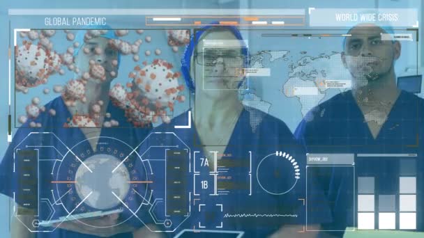 カメラを見ている医師のチームに対する医療インターフェースのアニメーション Covid 19パンデミック医療科学コンセプトデジタル複合体 — ストック動画