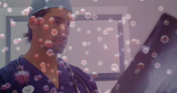 前景にコロナウイルス細胞が浮かんでいる病院のX線写真を見ている男性医師のアニメーション Covid 19パンデミック医療科学コンセプトデジタル複合体 — ストック動画