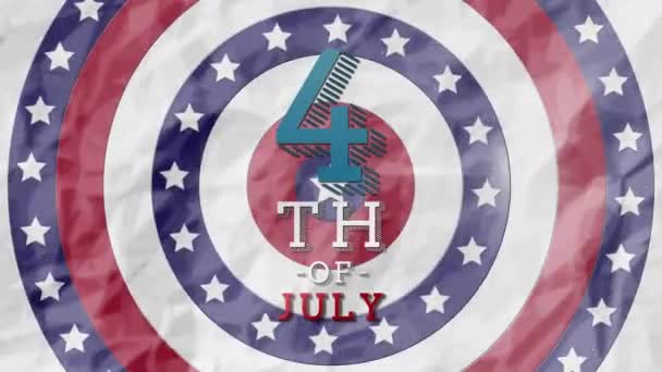 7月4日的动画文本 圆圈旋转与美国国旗明星和条纹的背景 美国国旗爱国主义独立概念数字化生成的图像 — 图库视频影像