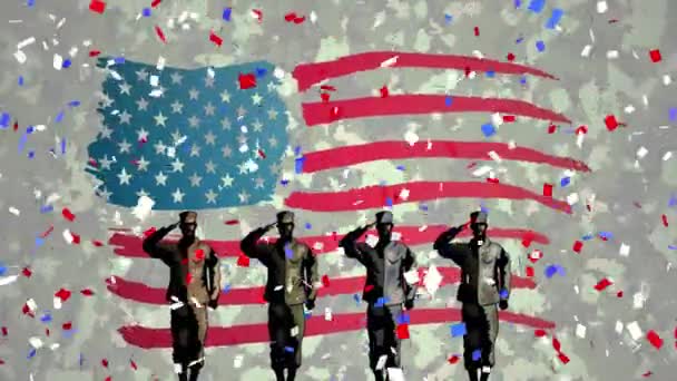 Animazione Quattro Soldati Che Salutano Coriandoli Che Cadono Stelle Della — Video Stock
