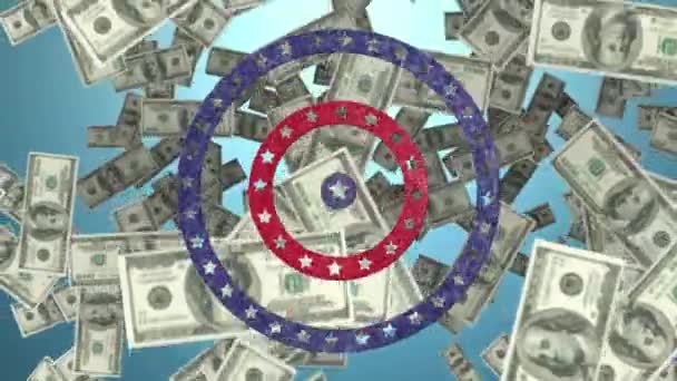 Animering Amerikanska Dollarsedlar Faller Med Cirkel Med Amerikanska Flaggstjärnor Och — Stockvideo
