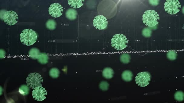 Animação Cintilação Macro Verde Células Covid Processamento Dados Com Estatísticas — Vídeo de Stock