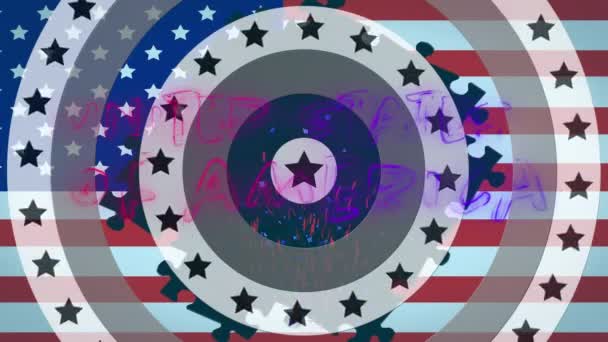 ピンクから紫のネオンフォントで書かれたアメリカのアニメーション アメリカの国旗の星とストライプが描かれています アメリカの国旗愛国主義独立概念デジタルで生成されたイメージ — ストック動画