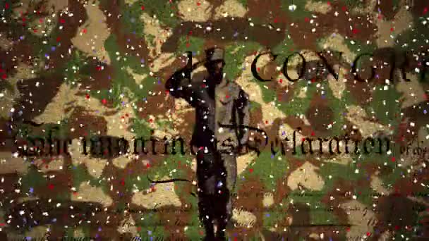 五彩纸屑飘落的动画 关于士兵在伪装背景下敬礼的宪法文本 美国国旗爱国主义独立概念数字化生成的图像 — 图库视频影像