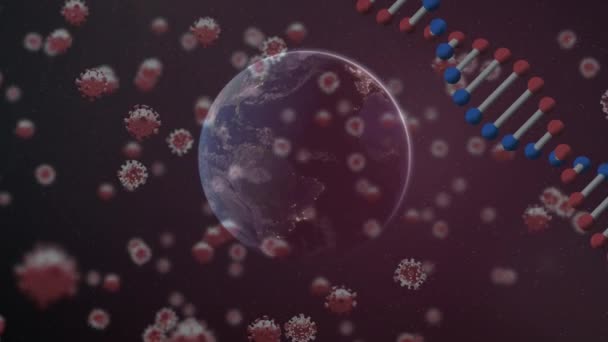 Animasi Dari Untai Dna Berputar Dengan Ikon Sel Koronavirus Covid — Stok Video