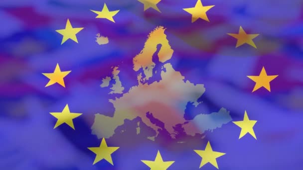 Animace Vlajky Evropské Unie Vlnícím Kruhem Žlutých Hvězd Nad Evropskými — Stock video