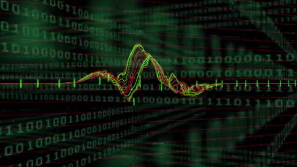 二进制编码股票市场和金融数据处理的动画 红色和绿色线在黑色背景上上下移动 全球金融业务概念数字生成的图像 — 图库视频影像