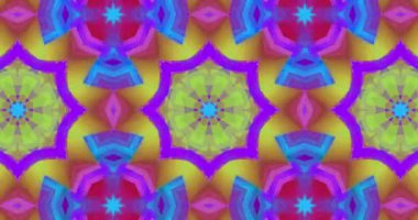 Parlayan çoklu kaleydoskop soyut şekillerinin animasyonları, eğimli mavi arkaplan üzerinde kusursuz döngü içinde hipnotik hareketlerle hareket ediyorlar..