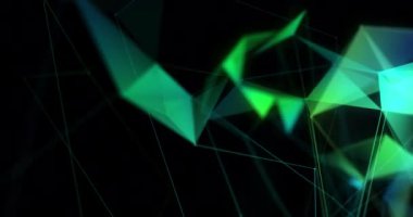 Siyah arkaplanda hareket eden ve yüzen çoklu yeşil ve mavi 3D şeffaf şekillerin canlandırması