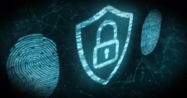 Yeşil asma kilit animasyonu ve iki dijital parmak izi, veri işleme ve arkaplandaki bağlantı ağıyla dijital arayüz. Çevrimiçi güvenlik kavramı dijital olarak oluşturulmuş görüntü.