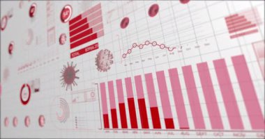 Beyaz zemin üzerinde grafik istatistik kaydı ve veri işleme ile Coronavirus Covid 19 hücrelerinin animasyonu. Coronavirus Covid 19 salgın konseptini dijital olarak üretti..