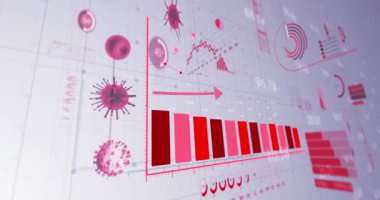 Beyaz zemin üzerinde kırmızı grafik istatistik kaydı ve veri işleme ile Coronavirus Covid 19 hücrelerinin animasyonu. Coronavirus Covid 19 salgın konseptini dijital olarak üretti..