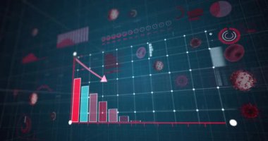 Coronavirus Covid 19 hücrenin animasyonu, mavi arka planda grafik istatistik kaydı ve veri işlemesi. Coronavirus Covid 19 salgın konseptini dijital olarak üretti..
