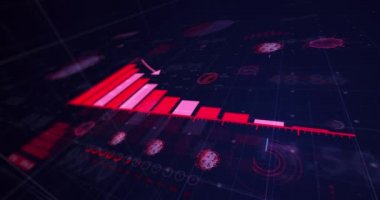 Coronavirus Covid 19 hücrenin animasyonu, mavi arka planda grafik istatistik kaydı ve veri işlemesi. Coronavirus Covid 19 salgın konseptini dijital olarak üretti..