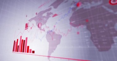 Beyaz zemin üzerinde dünya haritasında grafik istatistik kaydı ve veri işleme ile Coronavirus Covid 19 hücrelerinin animasyonu. Coronavirus Covid 19 salgın konseptini dijital olarak üretti..