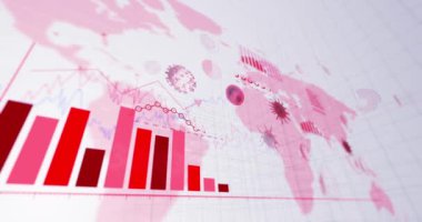 Beyaz zemin üzerinde dünya haritasında grafik istatistik kaydı ve veri işleme ile Coronavirus Covid 19 hücrelerinin animasyonu. Coronavirus Covid 19 salgın konseptini dijital olarak üretti..