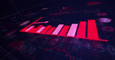 Coronavirus Covid 19 hücrenin animasyonu, mavi arka planda grafik istatistik kaydı ve veri işlemesi. Coronavirus Covid 19 salgın konseptini dijital olarak üretti..
