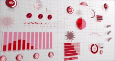 Beyaz zemin üzerinde grafik istatistik kaydı ve veri işleme ile Coronavirus Covid 19 hücrelerinin animasyonu. Coronavirus Covid 19 salgın konseptini dijital olarak üretti..