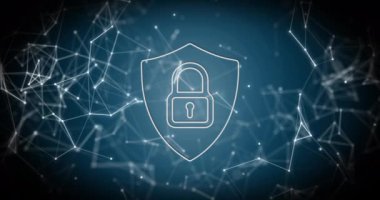 Beyaz kilit çevrimiçi güvenlik simgesi veri işleme ve mavi arkaplandaki bağlantı ağıyla dijital arayüzün animasyonu. Çevrimiçi güvenlik kavramı dijital olarak oluşturulmuş görüntü.