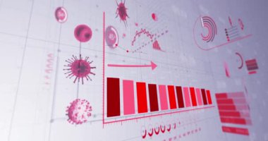 Beyaz zemin üzerinde kırmızı grafik istatistik kaydı ve veri işleme ile Coronavirus Covid 19 hücrelerinin animasyonu. Coronavirus Covid 19 salgın konseptini dijital olarak üretti..