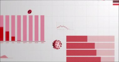 Beyaz zemin üzerinde grafik istatistik kaydı ve veri işleme ile Coronavirus Covid 19 hücrelerinin animasyonu. Coronavirus Covid 19 salgın konseptini dijital olarak üretti..