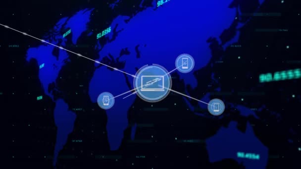 Animación Red Conexiones Con Iconos Digitales Azules Con Mapa Del — Vídeo de stock