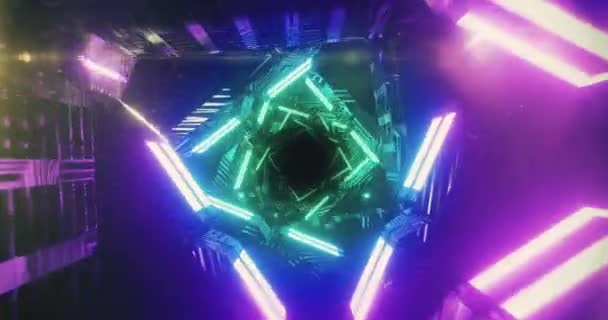 Animacja Świecących Trójkątów Tworzących Tunel Ścieżkami Świetlnymi Wirującymi Ruchu Hipnotycznym — Wideo stockowe
