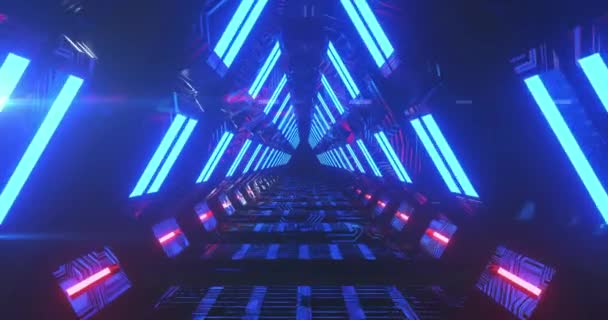 Animace Modrých Zářících Trojúhelníků Tvořících Tunel Světelnými Cestami Pohybujícími Hypnotickém — Stock video