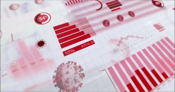 Animation Von Coronavirus Covid Zellen Mit Diagrammstatistik Aufzeichnung Und Datenverarbeitung — Stockvideo