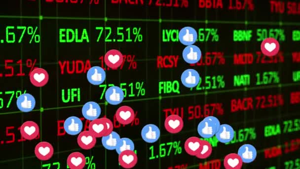 在黑色背景的绿色和红色股票市场的财务数据处理上 动画的红蓝相间的爱情和类似的数字图标 全球金融业务概念数字生成的图像 — 图库视频影像