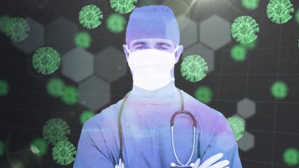 Yeşil Covid Koronavirüs Hücreli Yüz Maskesi Takan Siyah Arkaplanda Veri — Stok video
