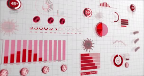 Animace Koronaviru Covid Buněk Statistickým Záznamem Grafů Zpracováním Dat Bílém — Stock video