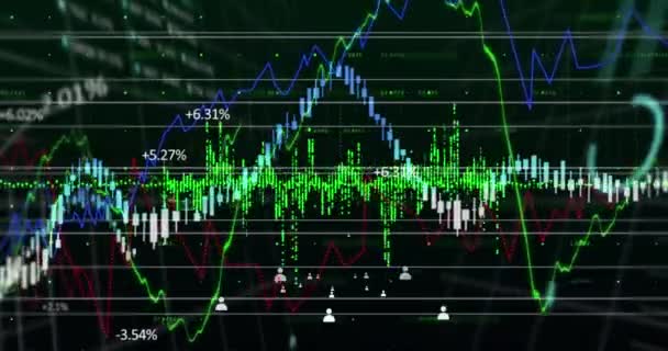 Animation White People Digital Icons Floating Green Blue Stock Market — Stock Video