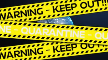Karantina ve Uyarı sarı bantlı animasyon. Arkaplanda Dünya gezegeni var. Global Covid 19 koronavirüs salgını konsepti dijital olarak oluşturuldu. NASA tarafından sağlanan video ögeleri.