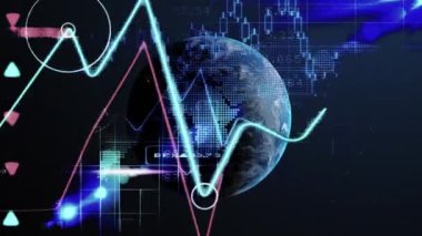 Finansal veri işleme ve istatistik kayıtlarının animasyonu. Dünya gezegeninde yukarı aşağı giden çizgiler. Küresel işletme, dijital olarak oluşturulan imajı finanse eder. NASA tarafından sağlanan video ögeleri.