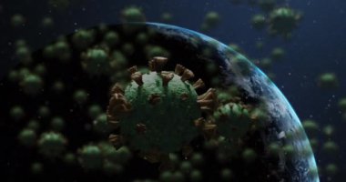 Arka planda Dünya 'nın üzerinde yüzen çoklu 3d Covid 19 koronavirüs hücresinin animasyonu. Küresel koronavirüs salgını konsepti dijital olarak oluşturuldu. NASA tarafından sağlanan video ögeleri.