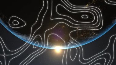 Dünya gezegeni üzerindeki beyaz topografik çizgilerin ve arka planda parlayan güneşin animasyonu. Küresel teknoloji ve ağ konsepti dijital olarak oluşturuldu. NASA tarafından sağlanan video ögeleri.