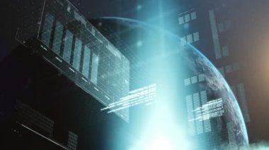 Finansal veri işleme ekranının animasyonu ve güneş ışığı ve Dünya gezegeni üzerine kaydedilen istatistikler. Küresel işletme, dijital olarak oluşturulan imajı finanse eder. NASA tarafından sağlanan video ögeleri.