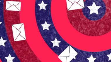 Arka planda Amerikan bayrağı dalgalanırken dairelerin üzerine düşen zarfların animasyonu. Covid 19 salgın konseptinde dijital olarak oluşturulan posta seçimleri.