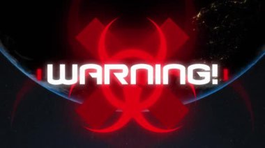 Uyarı kelimesinin animasyonu! Kırmızı biyolojik tehlike sembolü Covid 19 koronavirüs uyarısı ile arka planda Dünya gezegeni üzerinde. Dijital olarak üretilen küresel koronavirüs pandemik konsepti.
