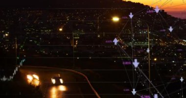 Şehir manzarası ve yol trafiği üzerindeki oklarla finansal veri işleme animasyonu. Küresel işletme finans konut piyasası dijital bileşimi.