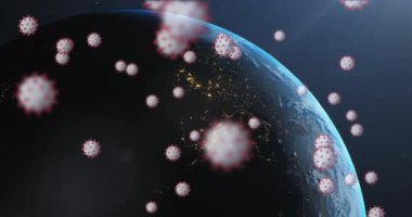 Arka planda Dünya 'nın üzerinde yüzen çoklu 3d Covid 19 koronavirüs hücresinin animasyonu. Dijital olarak üretilen küresel koronavirüs pandemik konsepti.