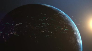 Bilgisayar devresi elementlerinin animasyonu ve Dünya üzerinde işlenen veri. Küresel bilgisayar teknolojisi ağ konsepti dijital olarak oluşturulmuş görüntü.