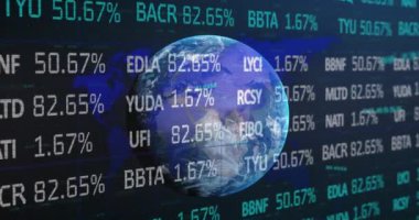 Dünya gezegeninde borsa finansal veri işleme animasyonu. Küresel işletmeler ağ oluşturma kavramını dijital olarak oluşturdu.