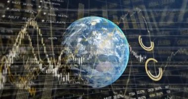 Dünya üzerindeki finansal veri işleme ve istatistiklerin animasyonu. Küresel işletme, dijital olarak oluşturulan imajı finanse eder. NASA tarafından sağlanan video ögeleri.