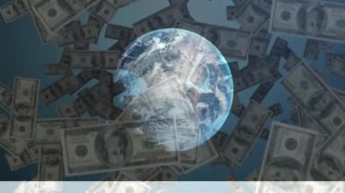 Arka planda Dünya 'ya düşen Amerikan dolarlarının animasyonu. Küresel işletme finans ağı arayüzü kavramı dijital olarak oluşturuldu. NASA tarafından sağlanan video ögeleri.